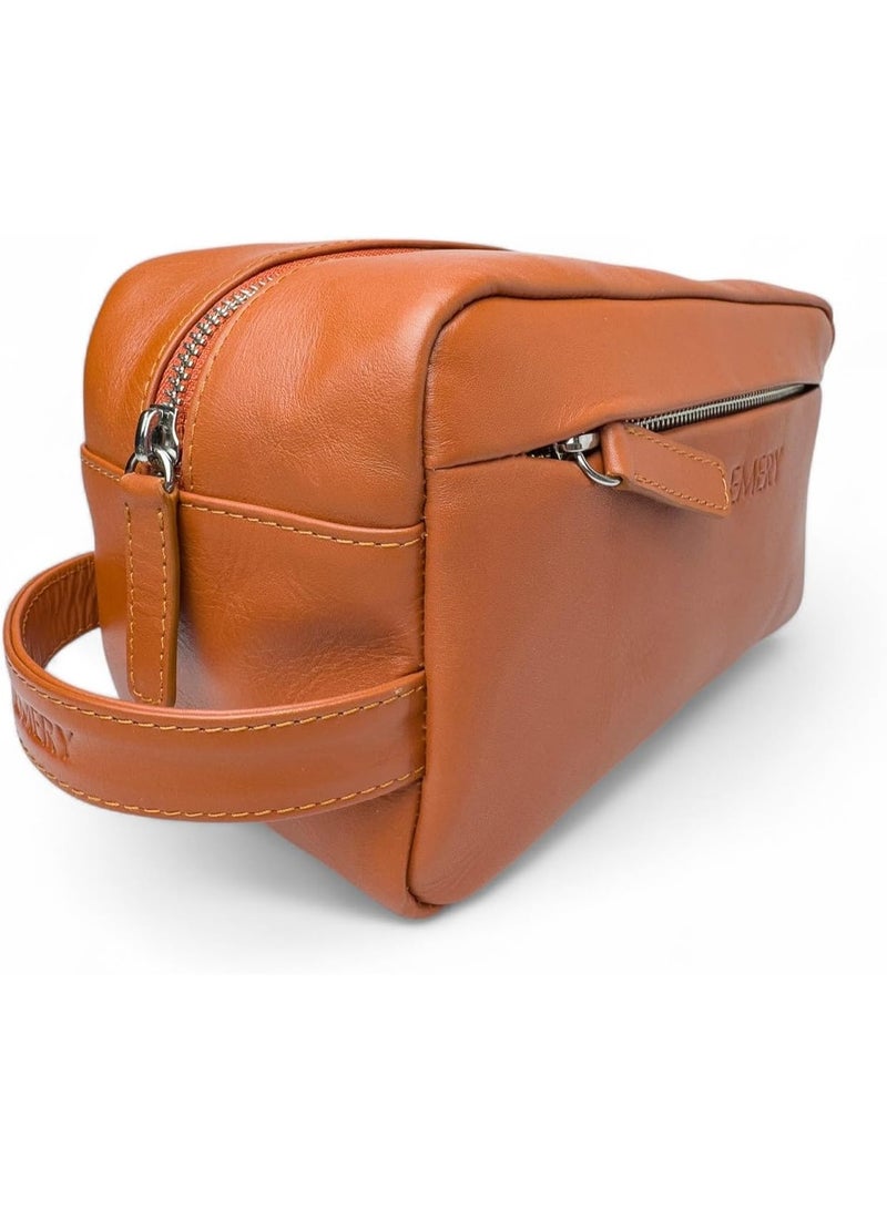Emery Toiletry Travel Kit Box, Premium Full-Grain Leather with Canvas Lining, Mandarin/Black, 10L x 4.5W x 5H Inches (Mandarin) - Image 3